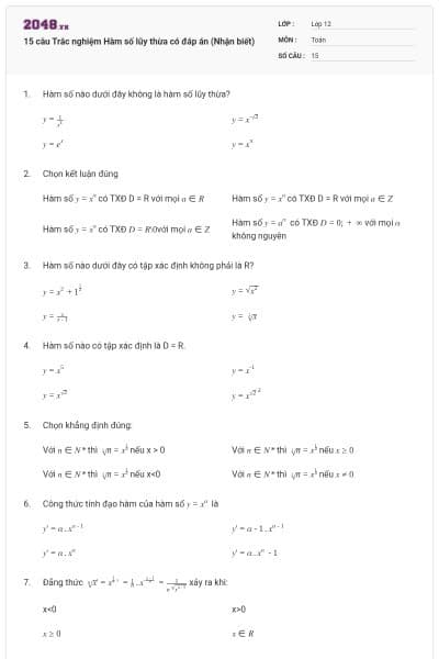 15 câu  Trắc nghiệm Hàm số lũy thừa có đáp án (Nhận biết)