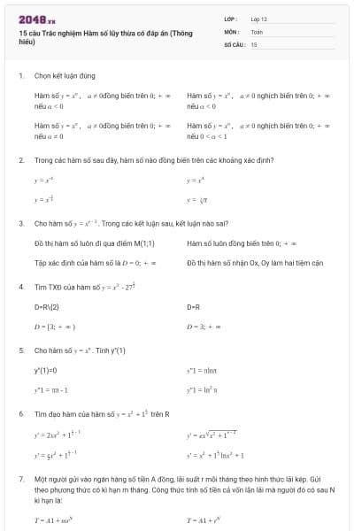 15 câu Trắc nghiệm Hàm số lũy thừa có đáp án (Thông hiểu)