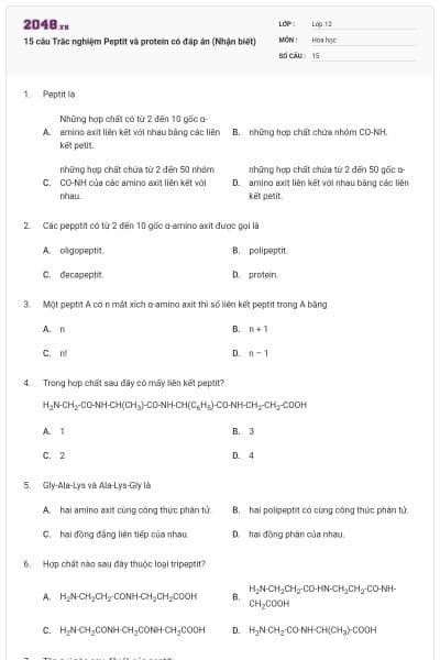 15 câu Trắc nghiệm Peptit và protein có đáp án (Nhận biết)