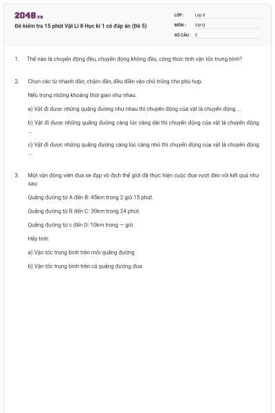 Đề kiểm tra 15 phút Vật Lí 8 Học kì 1 có đáp án (Đề 5)