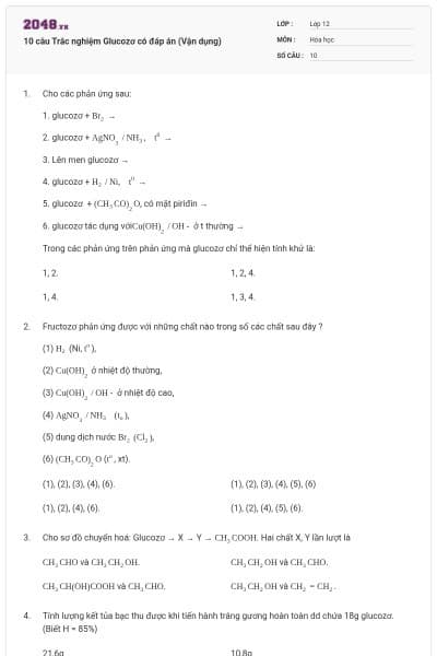 10 câu Trắc nghiệm Glucozơ có đáp án (Vận dụng)
