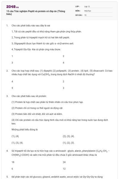 15 câu Trắc nghiệm Peptit và protein có đáp án (Thông hiểu)
