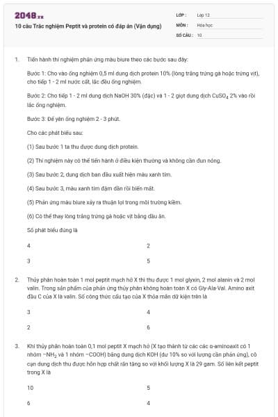 10 câu Trắc nghiệm Peptit và protein có đáp án (Vận dụng)