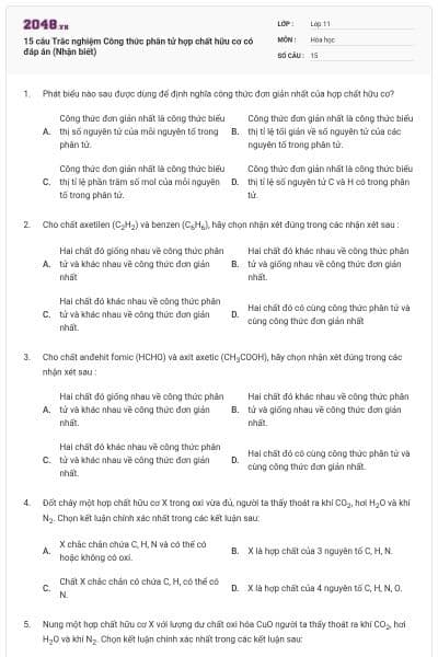 15 câu  Trắc nghiệm Công thức phân tử hợp chất hữu cơ có đáp án (Nhận biết)