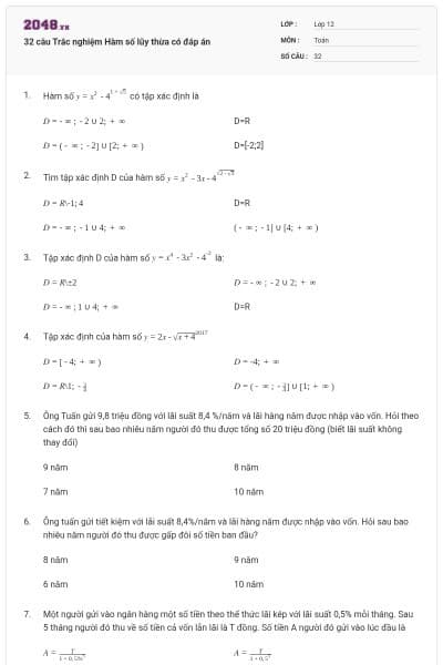 32 câu Trắc nghiệm Hàm số lũy thừa có đáp án