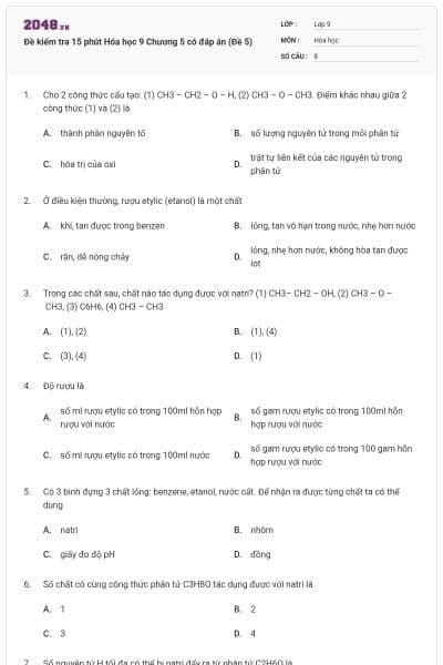 Đề kiểm tra 15 phút Hóa học 9 Chương 5 có đáp án (Đề 5)