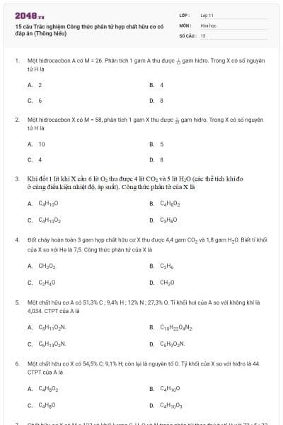 15 câu  Trắc nghiệm Công thức phân tử hợp chất hữu cơ có đáp án (Thông hiểu)