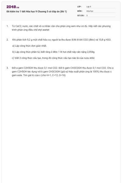Đề kiểm tra 1 tiết Hóa học 9 Chương 5 có đáp án (Đề 1)