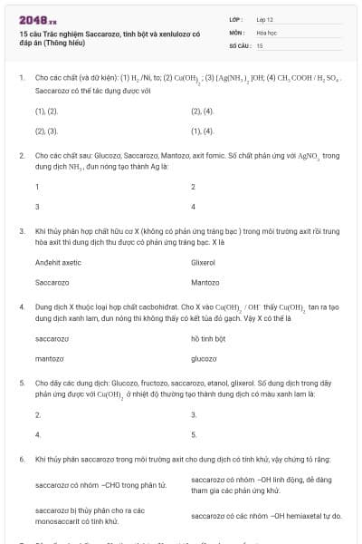 15 câu Trắc nghiệm Saccarozơ, tinh bột và xenlulozơ có đáp án (Thông hiểu)