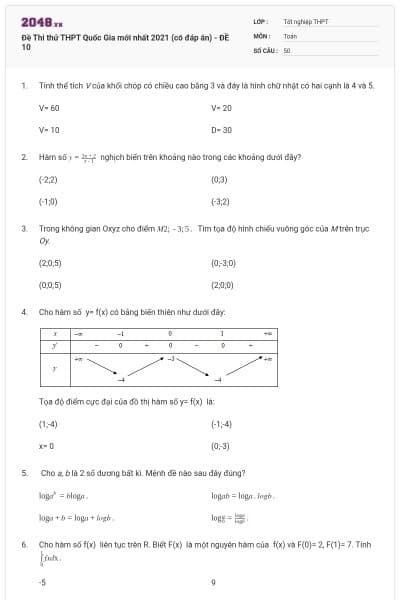 Đề Thi thử THPT Quốc Gia mới nhất 2021 (có đáp án) - ĐỀ 10