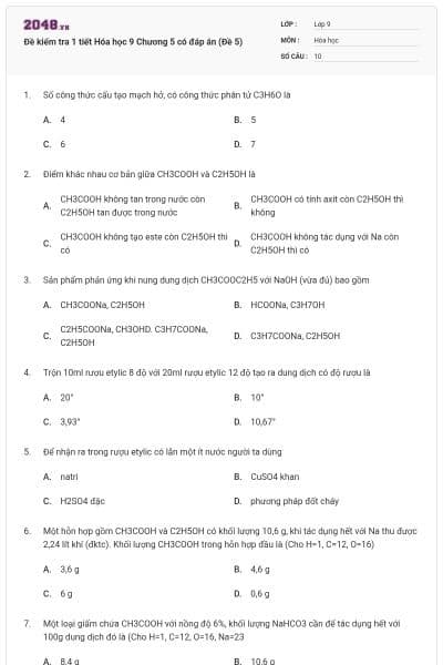 Đề kiểm tra 1 tiết Hóa học 9 Chương 5 có đáp án (Đề 5)