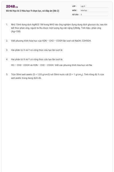 Đề thi Học kì 2 Hóa học 9 chọn lọc, có đáp án (Đề 2)