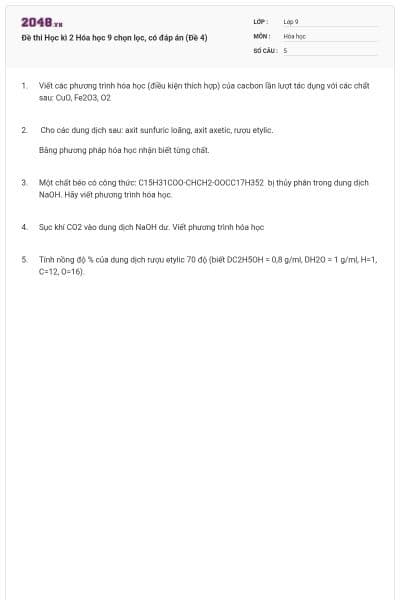 Đề thi Học kì 2 Hóa học 9 chọn lọc, có đáp án (Đề 4)