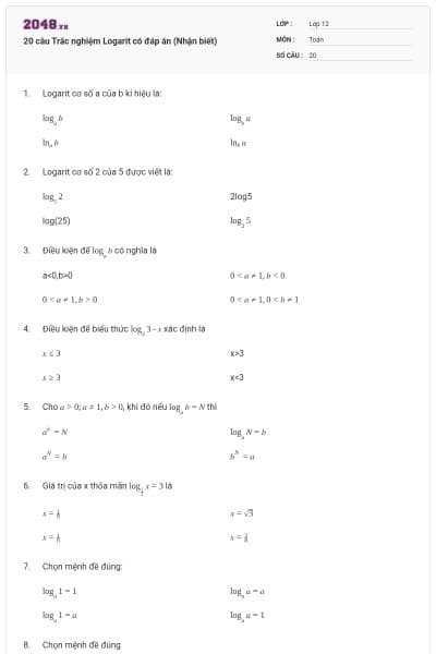20 câu Trắc nghiệm Logarit có đáp án (Nhận biết)