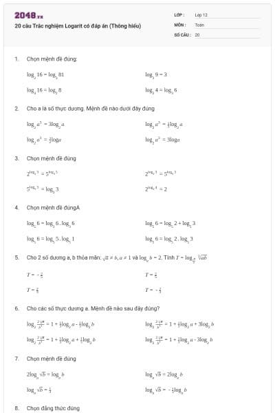 20 câu  Trắc nghiệm Logarit có đáp án (Thông hiểu)