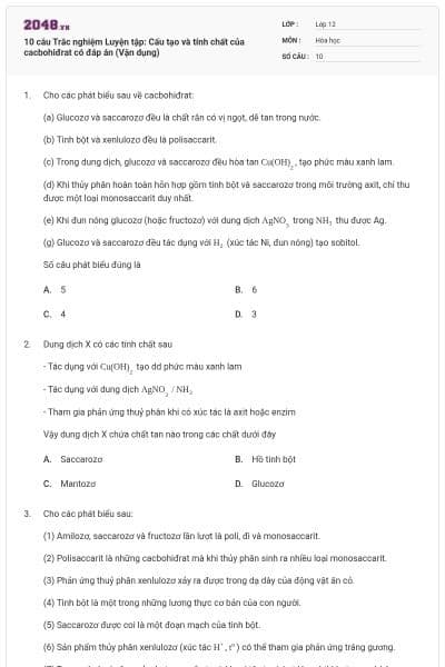 10 câu Trắc nghiệm Luyện tập: Cấu tạo và tính chất của cacbohiđrat có đáp án (Vận dụng)