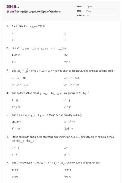 20 câu Trắc nghiệm Logarit có đáp án (Vận dụng)