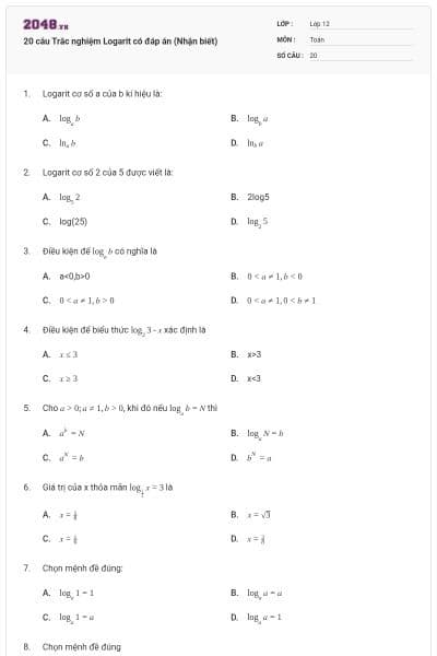 20 câu Trắc nghiệm Logarit có đáp án (Nhận biết)