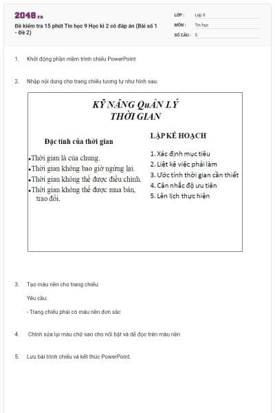 Đề kiểm tra 15 phút Tin học 9 Học kì 2 có đáp án (Bài số 1 - Đề 2)