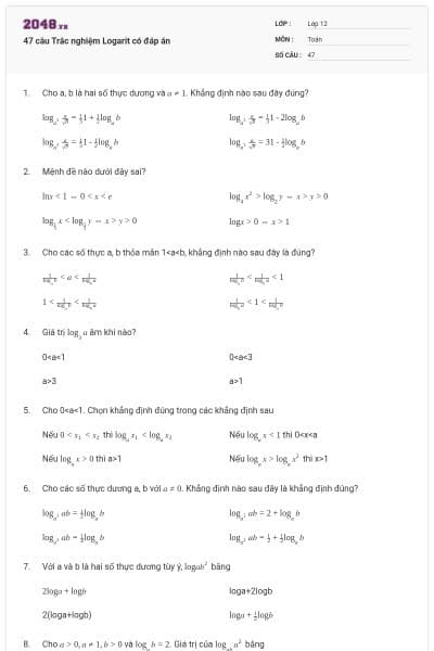 47 câu Trắc nghiệm Logarit có đáp án