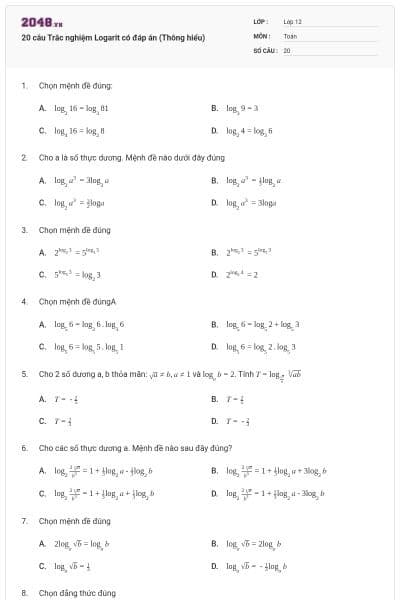 20 câu  Trắc nghiệm Logarit có đáp án (Thông hiểu)