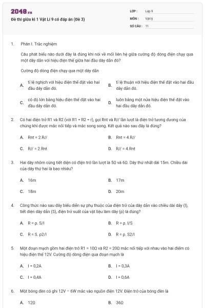 Đề thi giữa kì 1 Vật Lí 9 có đáp án (Đề 3)