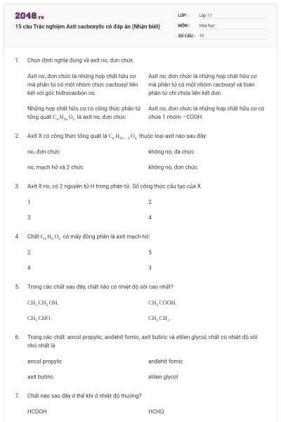 15 câu Trắc nghiệm Axit cacboxylic có đáp án (Nhận biết)