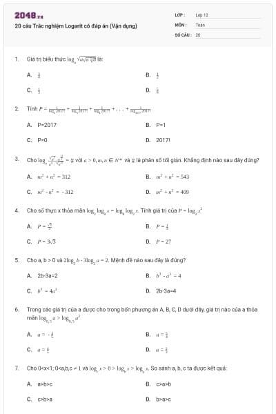 20 câu Trắc nghiệm Logarit có đáp án (Vận dụng)