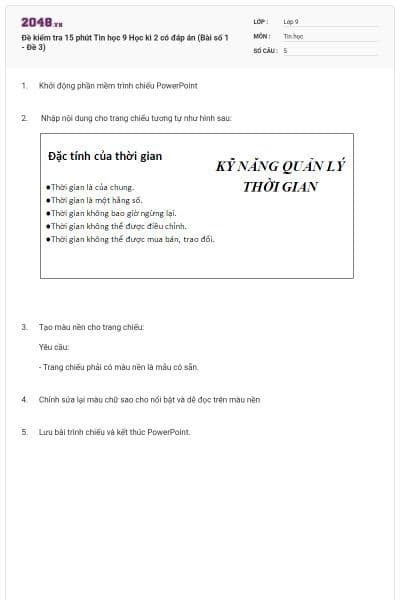 Đề kiểm tra 15 phút Tin học 9 Học kì 2 có đáp án (Bài số 1 - Đề 3)