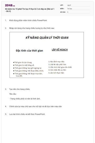 Đề kiểm tra 15 phút Tin học 9 Học kì 2 có đáp án (Bài số 1 - Đề 4)