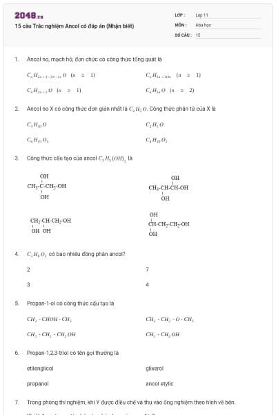 15 câu Trắc nghiệm Ancol có đáp án (Nhận biết)