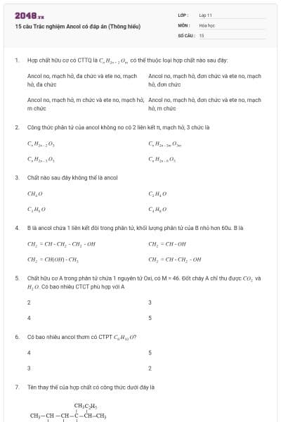 15 câu Trắc nghiệm Ancol có đáp án (Thông hiểu)