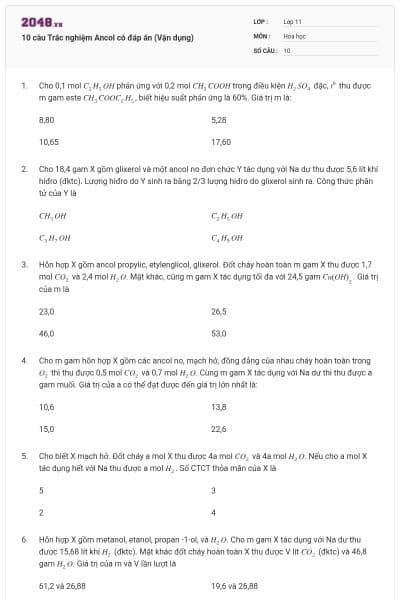 10 câu  Trắc nghiệm Ancol có đáp án (Vận dụng)