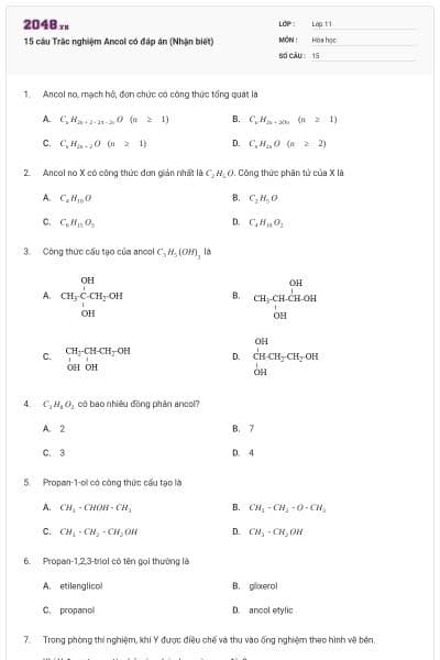 15 câu Trắc nghiệm Ancol có đáp án (Nhận biết)