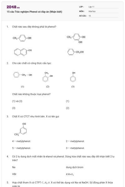 15 câu Trắc nghiệm Phenol có đáp án (Nhận biết)