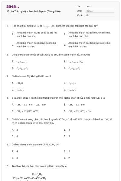 15 câu Trắc nghiệm Ancol có đáp án (Thông hiểu)