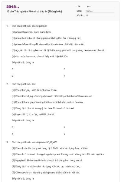 15 câu Trắc nghiệm Phenol có đáp án (Thông hiểu)