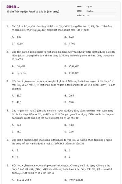 10 câu  Trắc nghiệm Ancol có đáp án (Vận dụng)