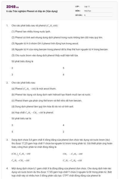6 câu Trắc nghiệm Phenol có đáp án (Vận dụng)