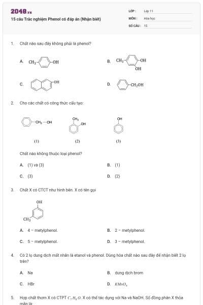 15 câu Trắc nghiệm Phenol có đáp án (Nhận biết)