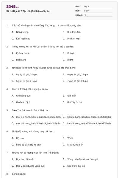 Đề thi Học kì 2 Địa Lí 6 (Đề 3) (có đáp án)