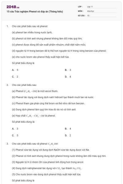 15 câu Trắc nghiệm Phenol có đáp án (Thông hiểu)
