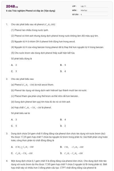 6 câu Trắc nghiệm Phenol có đáp án (Vận dụng)