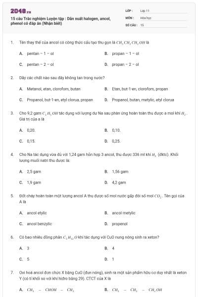 15 câu Trắc nghiệm Luyện tập : Dẫn xuất halogen, ancol, phenol có đáp án (Nhận biết)