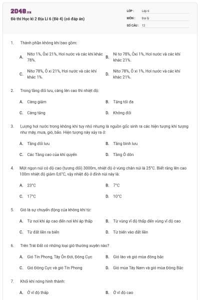 Đề thi Học kì 2 Địa Lí 6 (Đề 4) (có đáp án)