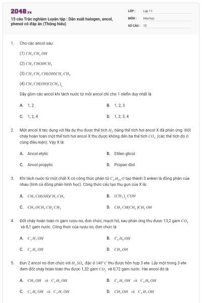15 câu Trắc nghiệm Luyện tập : Dẫn xuất halogen, ancol, phenol có đáp án (Thông hiểu)