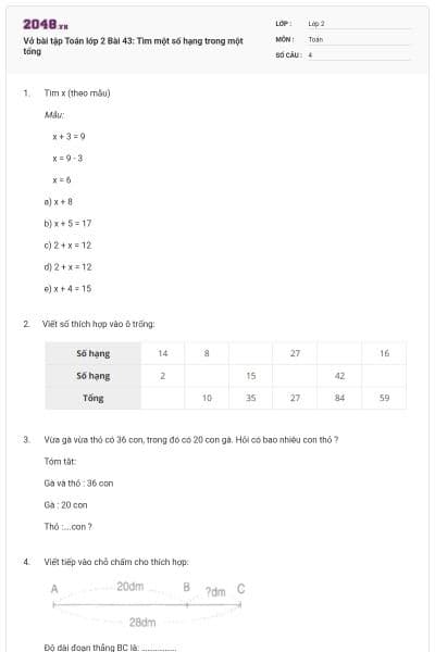Vở bài tập Toán lớp 2 Bài 43: Tìm một số hạng trong một tổng