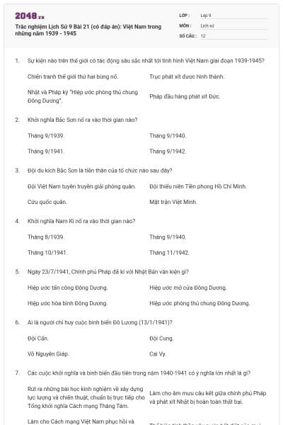 Trắc nghiệm Lịch Sử 9 Bài 21 (có đáp án): Việt Nam trong những năm 1939 - 1945