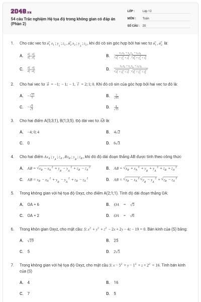 54 câu Trắc nghiệm Hệ tọa độ trong không gian có đáp án (Phần 2)