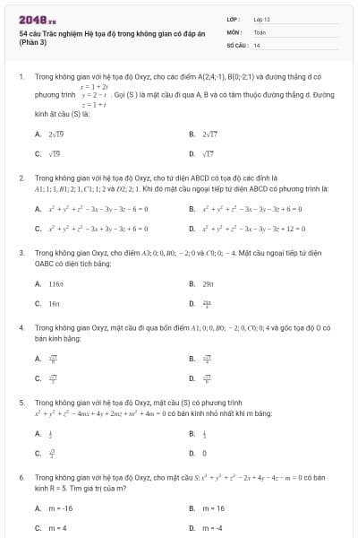 54 câu Trắc nghiệm Hệ tọa độ trong không gian có đáp án (Phần 3)
